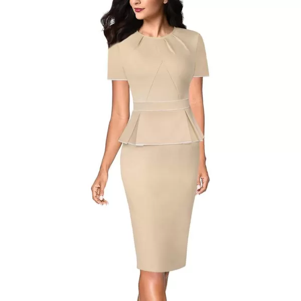 VFSHOW Womens Pleated Crew Neck Peplum Work Office Business Bodycon Sheath DressApricot With White Piping