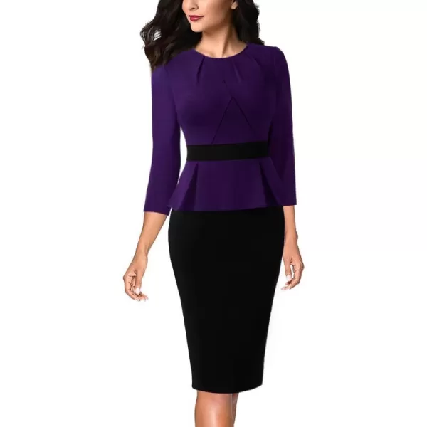 VFSHOW Womens Pleated Crew Neck Peplum Work Office Business Bodycon Sheath DressDark Purple Black