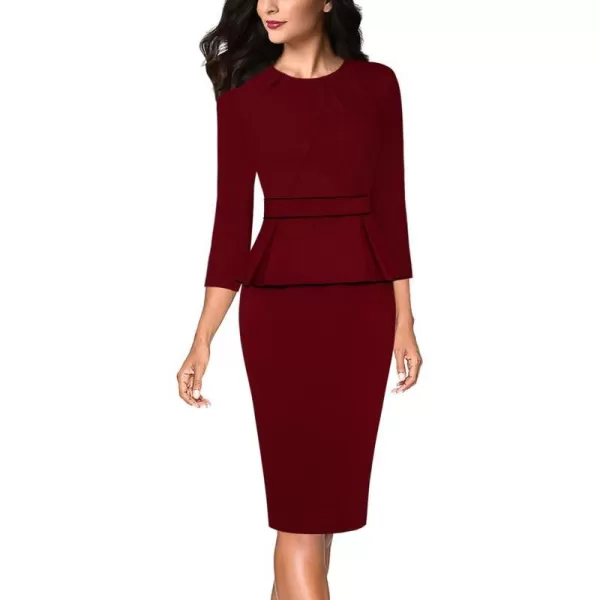 VFSHOW Womens Pleated Crew Neck Peplum Work Office Business Bodycon Sheath DressDark Red With Black Piping2