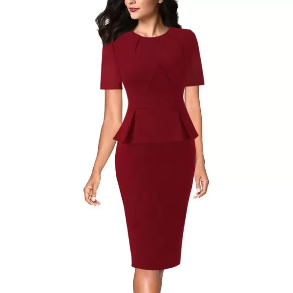 VFSHOW Womens Pleated Crew Neck Peplum Work Office Business Bodycon Sheath DressDark Redshort Sleeve