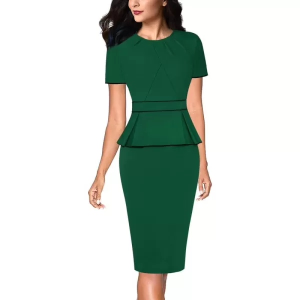 VFSHOW Womens Pleated Crew Neck Peplum Work Office Business Bodycon Sheath DressGreen With Black Piping