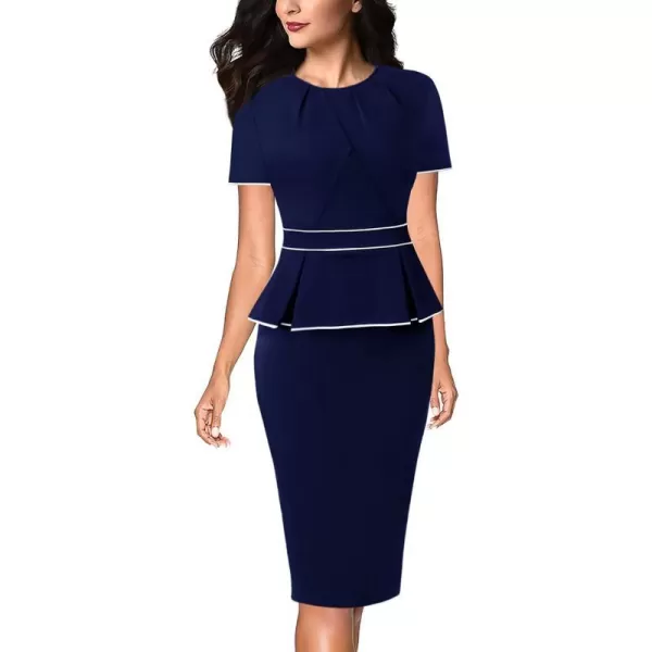 VFSHOW Womens Pleated Crew Neck Peplum Work Office Business Bodycon Sheath DressNavy Blue With White Piping