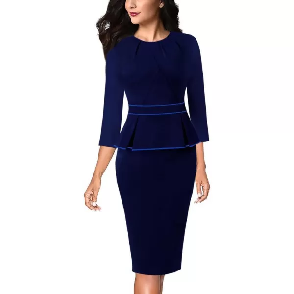 VFSHOW Womens Pleated Crew Neck Peplum Work Office Business Bodycon Sheath DressNavy With Blue Piping