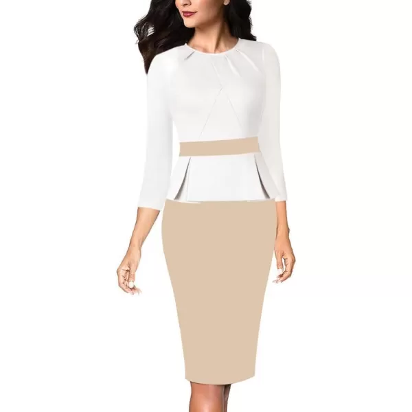 VFSHOW Womens Pleated Crew Neck Peplum Work Office Business Bodycon Sheath DressOff White  Apricot2