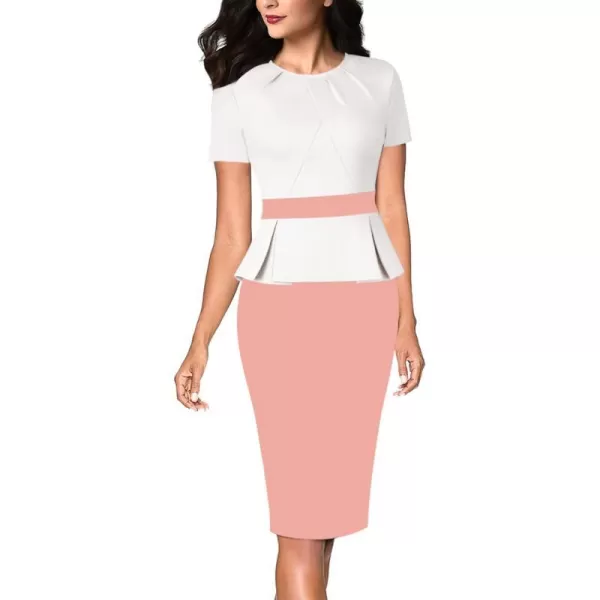 VFSHOW Womens Pleated Crew Neck Peplum Work Office Business Bodycon Sheath DressOffwhite and Peach