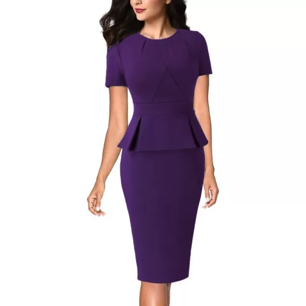 VFSHOW Womens Pleated Crew Neck Peplum Work Office Business Bodycon Sheath DressPurpleshort Sleeve