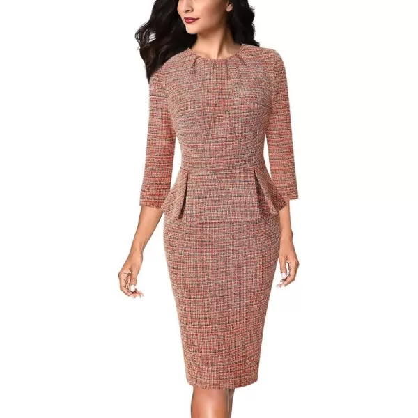 VFSHOW Womens Pleated Crew Neck Peplum Work Office Business Bodycon Sheath DressRed Tweed