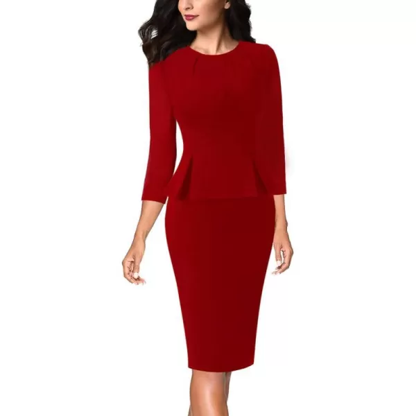 VFSHOW Womens Pleated Crew Neck Peplum Work Office Business Bodycon Sheath DressRed34 Sleeve