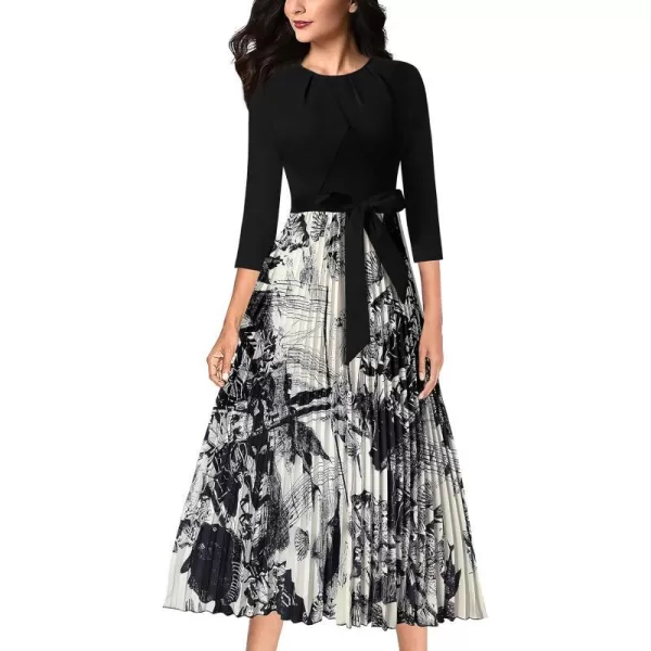 VFSHOW Womens Pleated Crew Neck Pockets Belted Work Business Office Casual ALine Midi MidCalf DressBlack and Graphic Print