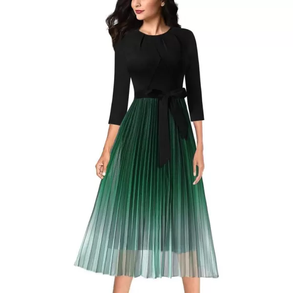 VFSHOW Womens Pleated Crew Neck Pockets Belted Work Business Office Casual ALine Midi MidCalf DressBlack and Green Gradient2