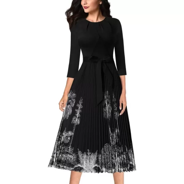 VFSHOW Womens Pleated Crew Neck Pockets Belted Work Business Office Casual ALine Midi MidCalf DressBlack and Tree Print