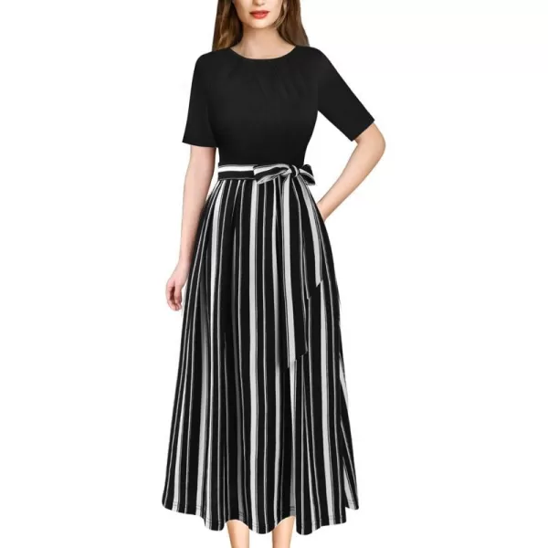 VFSHOW Womens Pleated Crew Neck Pockets Belted Work Business Office Casual ALine Midi MidCalf DressBlack and White Striped