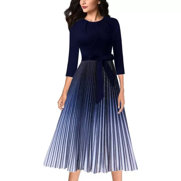 VFSHOW Womens Pleated Crew Neck Pockets Belted Work Business Office Casual ALine Midi MidCalf DressDark Blue Ombre