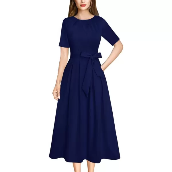 VFSHOW Womens Pleated Crew Neck Pockets Belted Work Business Office Casual ALine Midi MidCalf DressNavy Blue