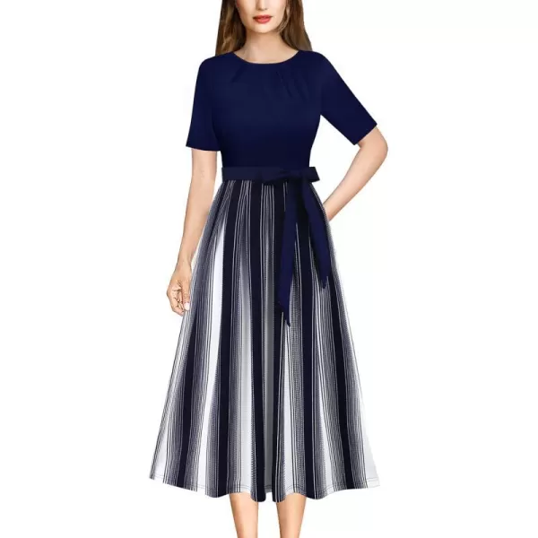 VFSHOW Womens Pleated Crew Neck Pockets Belted Work Business Office Casual ALine Midi MidCalf DressNavy Blue and White Striped