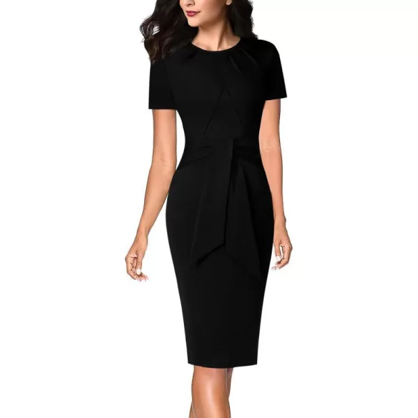 VFSHOW Womens Pleated Crew Neck Tie Waist Slim Wear to Work Office Party Bodycon Pencil DressBlack Short Sleeve2