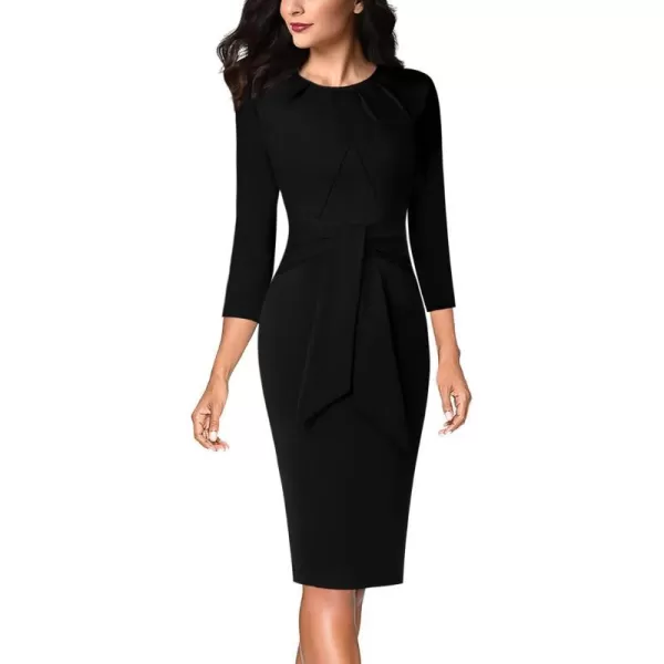 VFSHOW Womens Pleated Crew Neck Tie Waist Slim Wear to Work Office Party Bodycon Pencil DressBlack Tie Waist