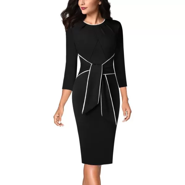 VFSHOW Womens Pleated Crew Neck Tie Waist Slim Wear to Work Office Party Bodycon Pencil DressBlack White Piping