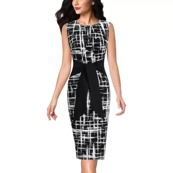 VFSHOW Womens Pleated Crew Neck Tie Waist Slim Wear to Work Office Party Bodycon Pencil DressBlack and White Geometric