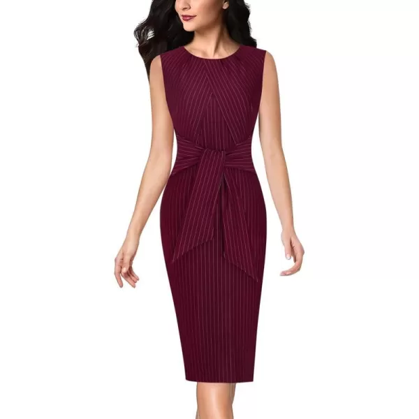 VFSHOW Womens Pleated Crew Neck Tie Waist Slim Wear to Work Office Party Bodycon Pencil DressDark Red and White Stripe