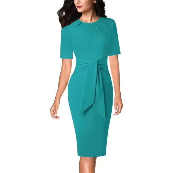 VFSHOW Womens Pleated Crew Neck Tie Waist Slim Wear to Work Office Party Bodycon Pencil DressLight Green2