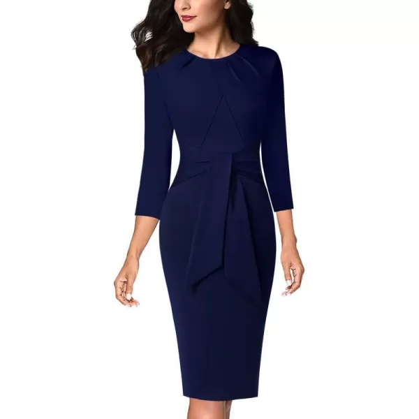 VFSHOW Womens Pleated Crew Neck Tie Waist Slim Wear to Work Office Party Bodycon Pencil DressNavy Blue34 Sleeve