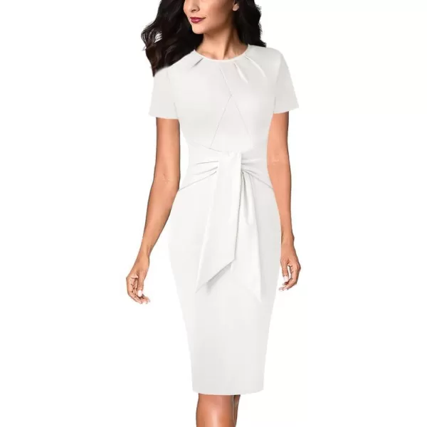 VFSHOW Womens Pleated Crew Neck Tie Waist Slim Wear to Work Office Party Bodycon Pencil DressOffwhite