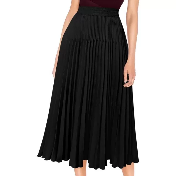 VFSHOW Womens Pleated Elastic High Waist Casual Work Business Office ALine Swing Midi SkirtBlack