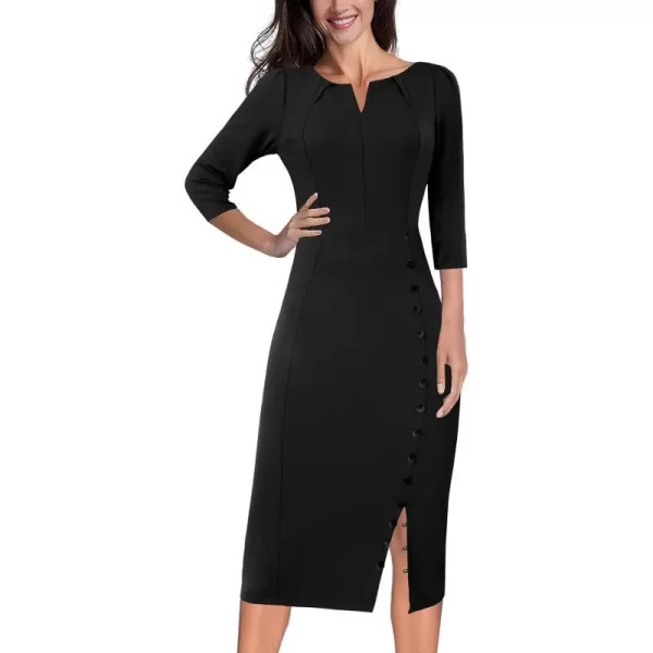 VFSHOW Womens Pleated Notch V Neck Buttons Split Work Office Business Bodycon Slim Pencil Sheath DressBlack 34 Sleeve2