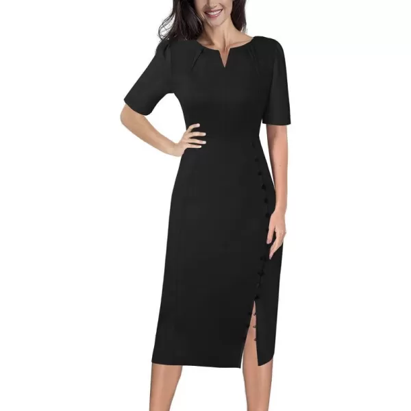 VFSHOW Womens Pleated Notch V Neck Buttons Split Work Office Business Bodycon Slim Pencil Sheath DressBlack Short Sleeve4