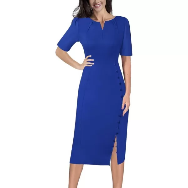 VFSHOW Womens Pleated Notch V Neck Buttons Split Work Office Business Bodycon Slim Pencil Sheath DressBlue