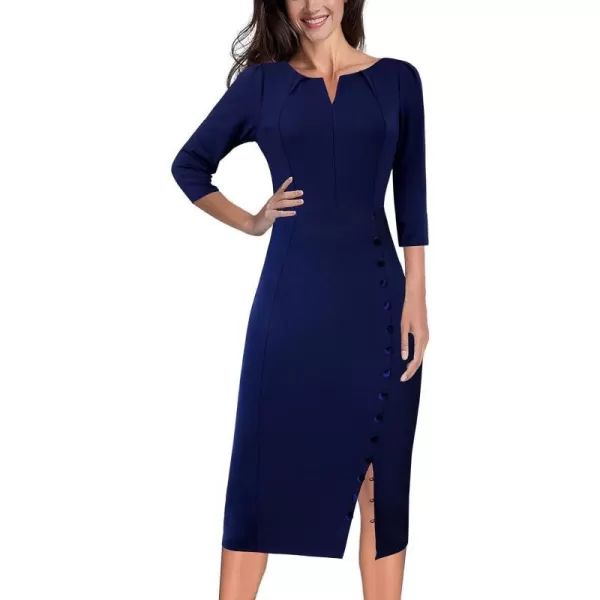 VFSHOW Womens Pleated Notch V Neck Buttons Split Work Office Business Bodycon Slim Pencil Sheath DressDark Blue 34 Sleeve