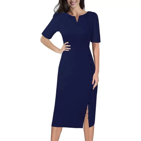 VFSHOW Womens Pleated Notch V Neck Buttons Split Work Office Business Bodycon Slim Pencil Sheath DressDark Blue Short Sleeve2