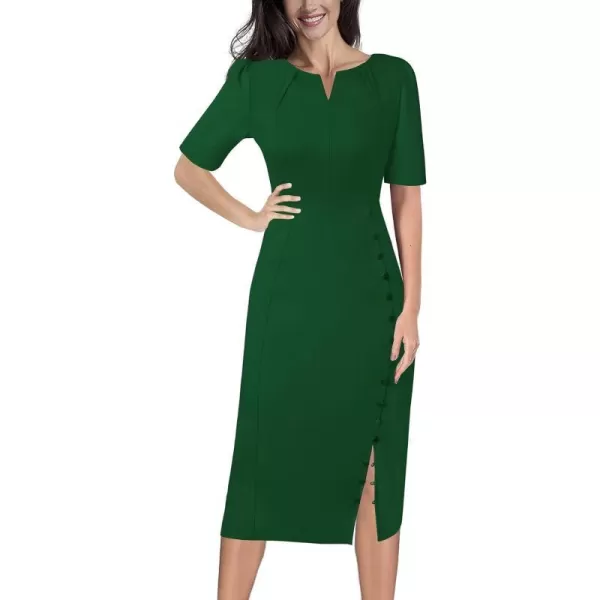 VFSHOW Womens Pleated Notch V Neck Buttons Split Work Office Business Bodycon Slim Pencil Sheath DressGreen2