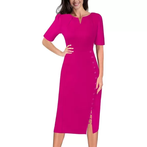 VFSHOW Womens Pleated Notch V Neck Buttons Split Work Office Business Bodycon Slim Pencil Sheath DressHot Pink