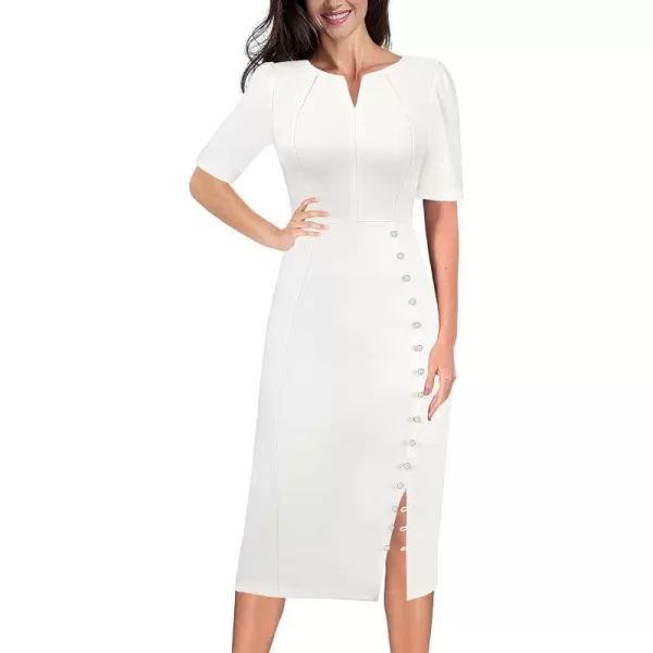 VFSHOW Womens Pleated Notch V Neck Buttons Split Work Office Business Bodycon Slim Pencil Sheath DressOffwhite