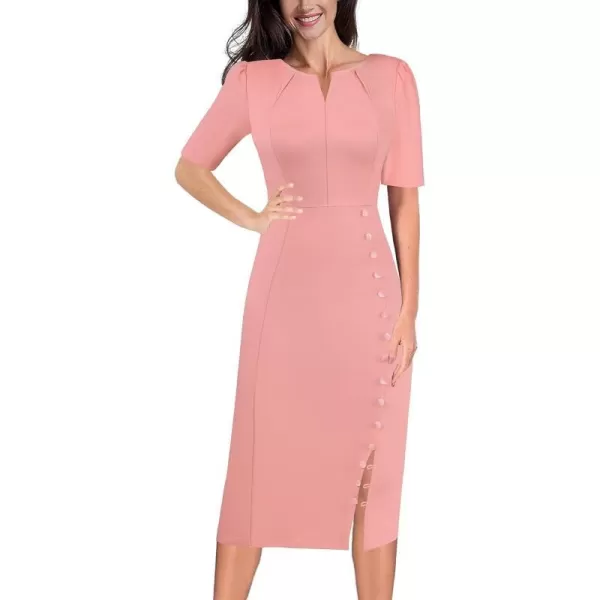 VFSHOW Womens Pleated Notch V Neck Buttons Split Work Office Business Bodycon Slim Pencil Sheath DressPeach Pink