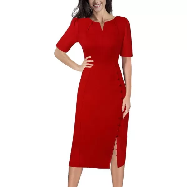 VFSHOW Womens Pleated Notch V Neck Buttons Split Work Office Business Bodycon Slim Pencil Sheath DressRed