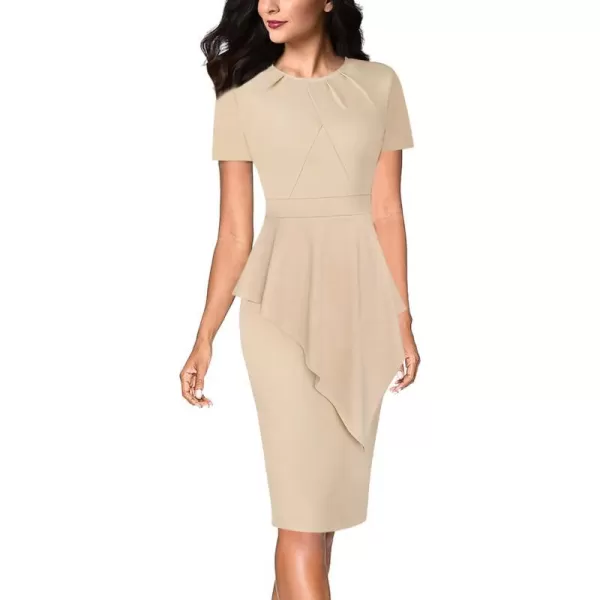 VFSHOW Womens Pleated Peplum Crew Neck Work Office Business Bodycon Pencil DressBeige Asymmetrical Peplum