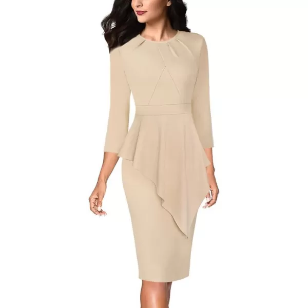 VFSHOW Womens Pleated Peplum Crew Neck Work Office Business Bodycon Pencil DressBeige Asymmetrical Peplum2