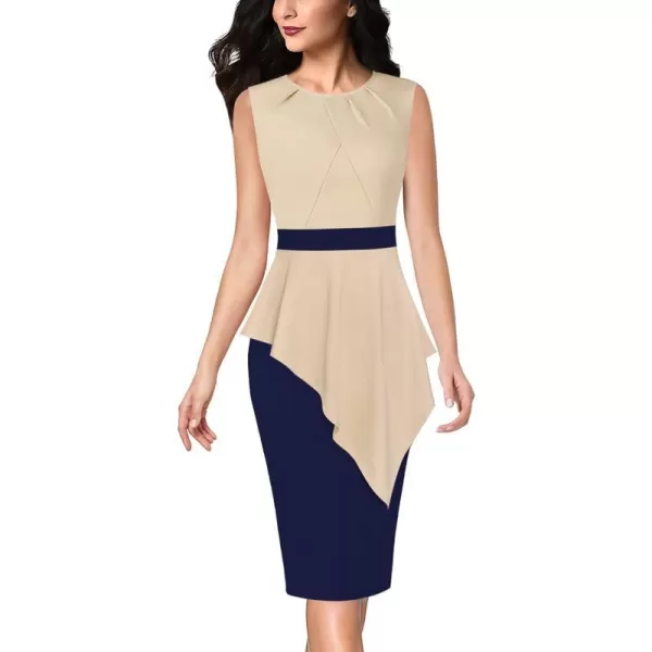 VFSHOW Womens Pleated Peplum Crew Neck Work Office Business Bodycon Pencil DressBeige and Navy Blue2