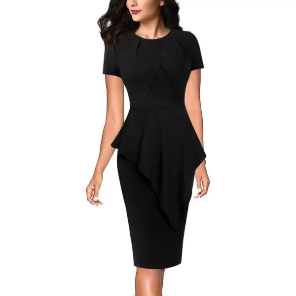 VFSHOW Womens Pleated Peplum Crew Neck Work Office Business Bodycon Pencil DressBlack Asymmetrical Peplum