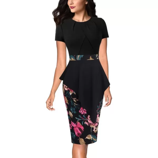 VFSHOW Womens Pleated Peplum Crew Neck Work Office Business Bodycon Pencil DressBlack and Multi Floral Print