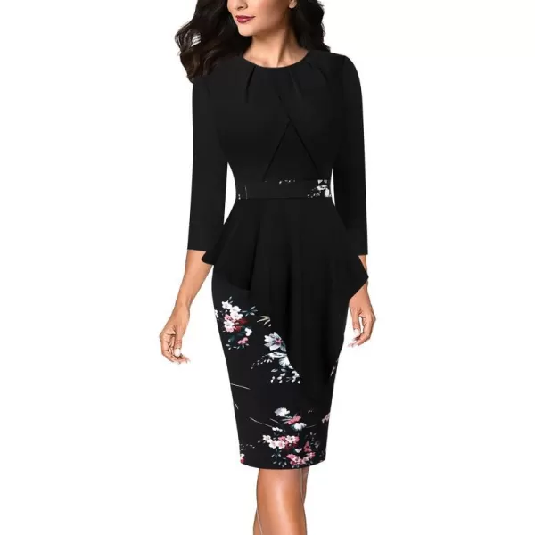 VFSHOW Womens Pleated Peplum Crew Neck Work Office Business Bodycon Pencil DressBlack and Multi Floral Print4