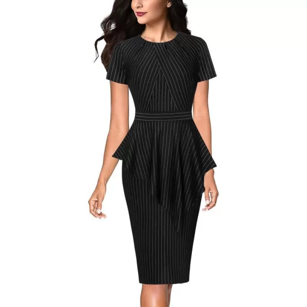 VFSHOW Womens Pleated Peplum Crew Neck Work Office Business Bodycon Pencil DressBlack and White Stripes