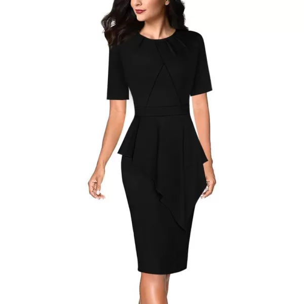 VFSHOW Womens Pleated Peplum Crew Neck Work Office Business Bodycon Pencil DressBlack2