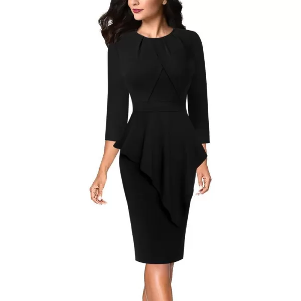 VFSHOW Womens Pleated Peplum Crew Neck Work Office Business Bodycon Pencil DressBlack3