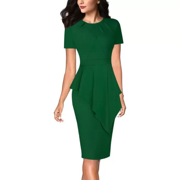 VFSHOW Womens Pleated Peplum Crew Neck Work Office Business Bodycon Pencil DressGreen Asymmetrical Peplum