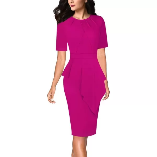 VFSHOW Womens Pleated Peplum Crew Neck Work Office Business Bodycon Pencil DressHot Pink