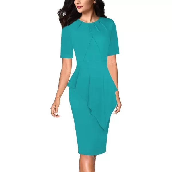 VFSHOW Womens Pleated Peplum Crew Neck Work Office Business Bodycon Pencil DressLight Green